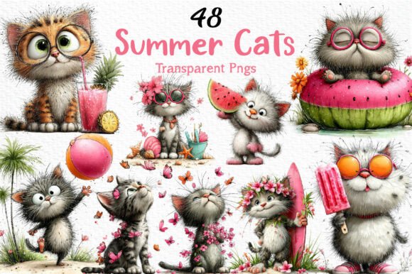 Download Whimsical Summer Cats Clipart PNG - Premium Resources